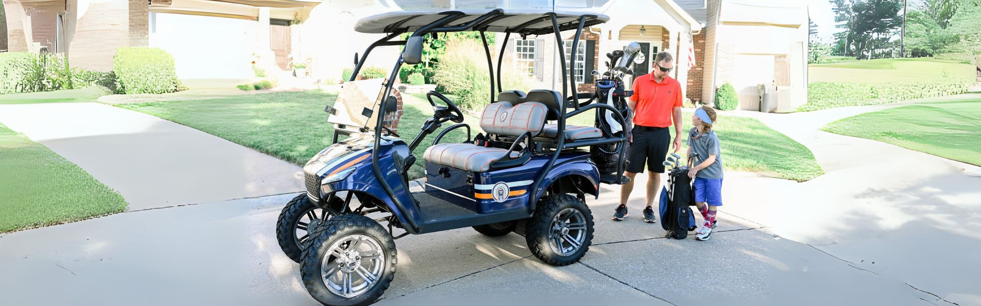 Lifestyle image of a premium golf cart parked outdoors, showcasing style and comfort